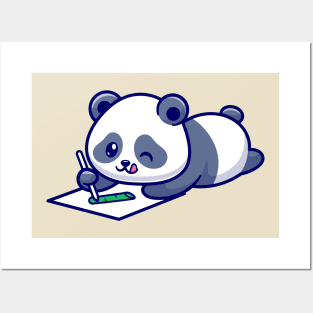 Cute Panda Drawing Bamboo On Paper Cartoon Posters and Art